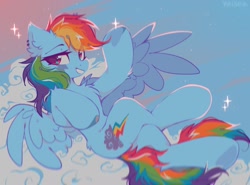 Size: 2048x1513 | Tagged: safe, artist:mirtash, derpibooru import, rainbow dash, pegasus, pony, chest fluff, cloud, concave belly, ear fluff, ears, faic, female, grin, looking at you, lying down, lying on a cloud, on a cloud, on back, smiling, smug, smugdash, solo, spread wings, underhoof, wave, wings
