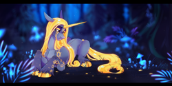 Size: 3325x1665 | Tagged: safe, artist:kanika-png, derpibooru import, oc, oc only, pony, unicorn, bioluminescent, forest, glowing, mushroom, night, sad, solo