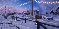 Size: 4000x2000 | Tagged: safe, artist:fosia, artist:kanika-png, derpibooru import, oc, oc only, cat, original species, pony, collaboration, houses, lights, snow, town, winter