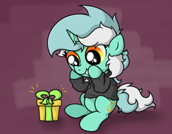 Size: 2879x2253 | Tagged: safe, artist:background basset, derpibooru import, lyra heartstrings, pony, unicorn, clothes, cute, dig the swell hoodie, female, happy, hoodie, lyrabetes, mare, present, sitting, smiling, solo