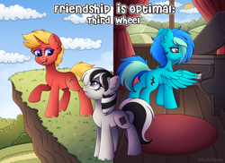 Size: 4800x3500 | Tagged: safe, artist:madelinne, derpibooru import, oc, oc:agile trace, oc:renown composition, oc:solar spark, earth pony, pegasus, unicorn, fanfic:third wheel, cliff, cloud, female, field, male, mare, musical instrument, pegasus oc, piano, sky, smiling, stallion, sun