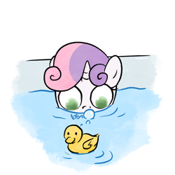 Size: 3000x3000 | Tagged: safe, artist:widelake, derpibooru import, sweetie belle, pony, unicorn, bath, bathtub, blowing bubbles, bubble, female, filly, foal, horses doing horse things, rubber duck, simple background, solo, white background