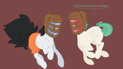 Size: 1030x575 | Tagged: safe, artist:asknursenimble, derpibooru import, oc, oc:gamercolt, oc:nurse nimble, earth pony, pegasus, pony, brown background, dead space, duo, female, helmet, male, mare, metroid, simple background, stallion, tumblr:ask nurse nimble