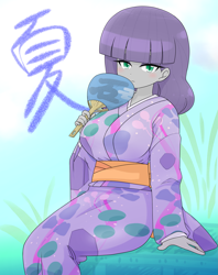 Size: 2227x2816 | Tagged: safe, artist:batipin, derpibooru import, maud pie, equestria girls, blushing, breasts, clothes, cute, fan, female, hand fan, kimono (clothing), looking at you, maud pies, maudabetes