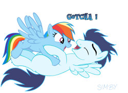 Size: 1024x744 | Tagged: safe, artist:simbyfim, derpibooru import, rainbow dash, soarin', pegasus, pony, eyes closed, female, laughing, male, mare, missing cutie mark, shipping, simple background, soarindash, stallion, straight, transparent background