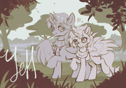 Size: 1429x997 | Tagged: safe, artist:ls_skylight, derpibooru import, oc, alicorn, earth pony, pegasus, pony, unicorn, any gender, any race, any species, clothes, commission, park, scarf, together, walking, ych example, ych sketch, your character here