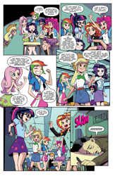 Size: 1950x2996 | Tagged: safe, artist:pencils, derpibooru import, edit, applejack, cranky doodle donkey, fluttershy, pinkie pie, rainbow dash, rarity, sci-twi, snips, sunset shimmer, trixie, twilight sparkle, human, comic:equestria girls: canterlot: march radness (edited skin), equestria girls, clothes, female, humane five, humane seven, humane six, male, onomatopoeia, sleeping, sound effects, zzz