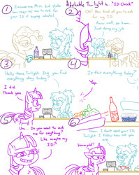 Size: 4779x6013 | Tagged: safe, artist:adorkabletwilightandfriends, derpibooru import, mayor mare, twilight sparkle, twilight sparkle (alicorn), zephyr breeze, oc, oc:ellen, alicorn, comic:adorkable twilight and friends, adorkable, adorkable twilight, age difference, alcohol, blueberry, blushing, carrot, cashier, cute, dork, ear piercing, earring, food, funny, glasses, grocery store, humor, id card, jewelry, older, passive aggressive, perturbed, piercing, shopping, slice of life, store, wine