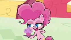 Size: 1279x720 | Tagged: safe, derpibooru import, screencap, pinkie pie, earth pony, pony, cute impact, g4.5, my little pony: pony life, spoiler:pony life s02e01, cupcake, cute, diapinkes, female, food, sugarcube corner