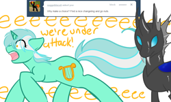 Size: 1000x600 | Tagged: safe, artist:azure-doodle, derpibooru import, lyra heartstrings, changeling, pony, screaming, sexually confused lyra, simple background, white background