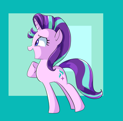 Size: 1885x1851 | Tagged: safe, artist:andromedasparkz, derpibooru import, starlight glimmer, pony, unicorn, blue background, female, happy, hoof on chest, looking at something, mare, open mouth, raised leg, simple background, solo, squee