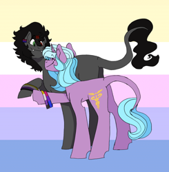 Size: 1280x1306 | Tagged: safe, artist:gammanullzero, derpibooru import, idw, king sombra, radiant hope, pony, unicorn, bisexual, bisexual pride flag, duo, duo male and female, fangs, female, heterochromia, hopebra, leonine tail, male, mouthpiece, nonbinary, nonbinary pride flag, pride, pride flag, shipping, straight, tail