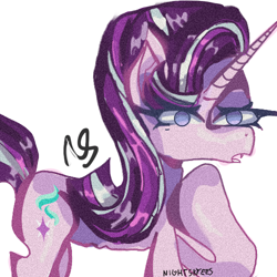 Size: 500x500 | Tagged: safe, artist:nightskyees, derpibooru import, starlight glimmer, pony, unicorn, chest fluff, female, hairstyle, hooves, lineart, mane, mare, open mouth, raised hoof, raised leg, shading, simple background, solo, thinking, white background