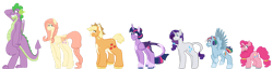 Size: 1920x489 | Tagged: safe, artist:gammanullzero, derpibooru import, applejack, fluttershy, pinkie pie, rainbow dash, rarity, spike, twilight sparkle, twilight sparkle (alicorn), alicorn, bat pony, dragon, earth pony, pegasus, pony, unicorn, alternate color palette, alternate design, alternate hairstyle, alternate universe, asexual, chin fluff, demigirl, female, freckles, genderfluid, intersex, leonine tail, long description, mane seven, mane six, older, older spike, pansexual, simple background, spread wings, tail, trans female, transgender, transparent background, wings