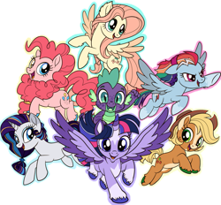 Size: 927x862 | Tagged: safe, artist:gammanullzero, derpibooru import, applejack, fluttershy, pinkie pie, rainbow dash, rarity, spike, twilight sparkle, twilight sparkle (alicorn), alicorn, dragon, earth pony, pegasus, pony, unicorn, alternate design, fangs, mane seven, mane six, outline, redraw, simple background, transparent background