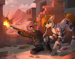 Size: 3715x2935 | Tagged: safe, artist:chamommile, derpibooru import, oc, oc only, oc:dusty heartwood, oc:willow heartwood, deer, deer pony, earth pony, original species, pony, fallout equestria, ammunition, angry, armor, bandage, blood, blue eyes, brown mane, cigarette, clothes, commission, doctor, duo, duo female, ear piercing, earring, earth pony oc, explosion, fallout, fantasy class, female, fight, first aid, first aid kit, full body, gun, hair bun, hat, injured, jewelry, looking at each other, looking at someone, looking back, medic, medical, military uniform, piercing, red cross, serious, serious face, shotgun, shotgun shell, smoke, smoking, stimpak, uniform, war, warrior, weapon