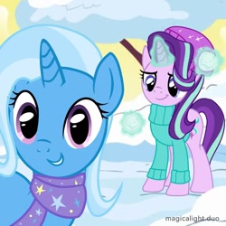 Size: 1080x1080 | Tagged: safe, artist:magicalight_duo, derpibooru import, starlight glimmer, trixie, pony, unicorn, clothes, glowing, glowing horn, horn, magic, magic aura, scarf, selfie, snow, snowball, snowball fight, telekinesis, winter