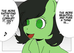 Size: 1683x1207 | Tagged: safe, artist:reponer, derpibooru import, oc, oc:anon filly, earth pony, pony, black hair, colored, dialogue, drawfag, earth pony oc, female, filly, flat colors, foal, gradient background, green eyes, green fur, meme, redraw, requested art, simple background, solo, speech bubble, text