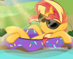 Size: 1080x879 | Tagged: safe, artist:sunsettshimer, derpibooru import, sunset shimmer, pony, unicorn, female, floaty, pool toy, solo, sunglasses