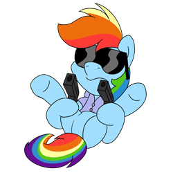 Size: 900x900 | Tagged: safe, artist:unitxxvii, derpibooru import, rainbow dash, pegasus, pony, clothes, featureless crotch, female, filthy frank, gun, mare, meme, ponified, ponified meme, pose, shirt, simple background, solo, species swap, sunglasses, transparent background, weapon