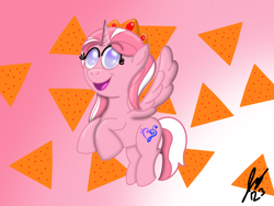 Size: 2160x1620 | Tagged: safe, artist:jesslmc16, derpibooru import, oc, oc only, oc:ashley h, alicorn, pony, ashley h, birthday, chips, crown, digital art, doritos, female, flying, food, gradient background, horn, jewelry, lighting, mare, regalia, shading, solo, wings