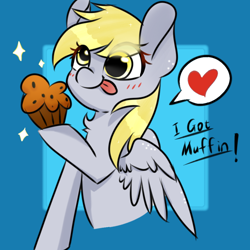 Size: 1080x1080 | Tagged: safe, artist:twiliset, derpibooru import, derpy hooves, pegasus, pony, blue background, cute, food, happy, heart, muffin, red face, saying, simple background, solo, stars, tongue, tongue out