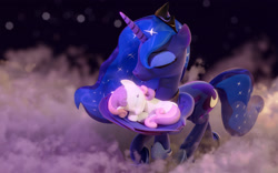 Size: 2880x1800 | Tagged: safe, artist:xppp1n, derpibooru import, princess luna, sweetie belle, alicorn, unicorn, 3d, blender, blender cycles, cloud, cute, diasweetes, female, filly, foal, lunabetes, mare, night, sleeping, sweet dreams fuel, wing hold, wings