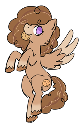 Size: 1529x2400 | Tagged: safe, artist:reponer, derpibooru exclusive, derpibooru import, oc, oc only, pegasus, pony, brown fur, brown mane, colored, colored sketch, cookie, curly hair, female, flying, food, pegasus oc, purple eyes, raised hooves, simple background, sketch, solo, spread wings, white background, wings