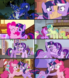 Size: 1276x1434 | Tagged: safe, derpibooru import, screencap, berry punch, berryshine, bon bon, pinkie pie, princess luna, sandbar, starlight glimmer, sweetie drops, twilight sparkle, twilight sparkle (alicorn), unicorn twilight, alicorn, earth pony, pegasus, pony, unicorn, griffon the brush off, it's about time, luna eclipsed, marks for effort, party pooped, school raze, the ending of the end, spoiler:cakes for the memories, spoiler:mlp friendship is forever, background pony, bipedal, boop, butt, cake, cakes for the memories, cloud, cloudy, cut, discovery family, discovery family logo, duo, duo female, eyes closed, faic, female, folded wings, food, friendship student, future twilight, golden oaks library, grin, happy, holding a pony, hoof on chest, hoof to heart, logo, male, mare, nervous, nervous grin, noseboop, peppe ronnie, plot, poking, ponyville, ponyville town hall, school of friendship, scrunchy face, smiling, soapbox, spread wings, stallion, star swirl the bearded costume, sugarcube corner, town hall, twilight's castle, watermark, wings
