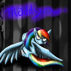 Size: 500x500 | Tagged: safe, artist:silverfangwrathwolf1, derpibooru import, rainbow dash, pegasus, pony, abstract background, angry, frown, looking at you, looking back, looking back at you, old art, solo