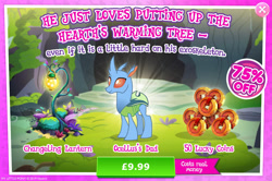 Size: 1961x1301 | Tagged: safe, derpibooru import, changedling, changeling, advertisement, bush, carapace (g4), costs real money, english, gameloft, horn, lantern, lucky coins, male, mobile game, my little pony: magic princess, numbers, official, sale, solo, text