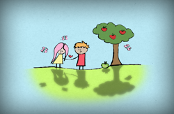 Size: 1500x977 | Tagged: safe, artist:melinjamin, derpibooru import, big macintosh, fluttershy, butterfly, human, 2011, apple, apple tree, blushing, female, fluttermac, heart, holding hands, humanized, male, shipping, stick figure, straight, tree