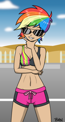 Size: 894x1673 | Tagged: safe, artist:banquo0, derpibooru import, rainbow dash, human, belly button, bikini, bikini top, clothes, finger gun, grin, humanized, shorts, smiling, solo, sunglasses, swimsuit