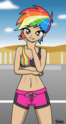 Size: 894x1673 | Tagged: safe, alternate version, artist:banquo0, derpibooru import, rainbow dash, human, belly button, bikini, bikini top, clothes, finger gun, grin, humanized, shorts, smiling, solo, swimsuit