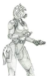 Size: 900x1351 | Tagged: safe, artist:baron engel, derpibooru import, oc, oc only, oc:akata, anthro, zebra, fallout equestria, ear piercing, earring, female, grayscale, gun, handgun, jewelry, monochrome, pencil drawing, piercing, revolver, simple background, solo, stealth suit, traditional art, weapon, white background, zebra oc