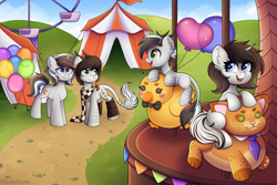 Size: 5000x3333 | Tagged: safe, artist:madelinne, derpibooru import, oc, oc only, oc:soothing song, oc:sound error, original species, pony, unicorn, amusement park, balloon, father and child, father and daughter, father and son, female, happy, heart, heart balloon, male, mother and child, mother and daughter, mother and son, parent and child, striped legs, tent