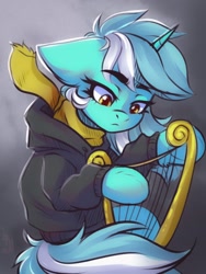 Size: 1200x1600 | Tagged: safe, artist:falafeljake, derpibooru import, lyra heartstrings, pony, unicorn, fanfic:background pony, clothes, commission, dig the swell hoodie, eyebrows, eyebrows visible through hair, female, hoodie, horn, lyre, mare, musical instrument, playing, signature, solo