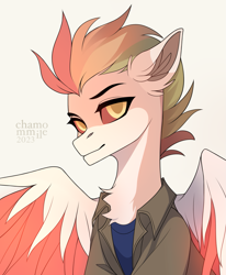 Size: 2273x2761 | Tagged: safe, artist:chamommile, derpibooru import, oc, oc only, pegasus, phoenix, pony, bust, chest fluff, clothes, commission, commission open, ear fluff, ears, ears up, eyebrows, golden eyes, lightning, looking at you, male, multicolored hair, pegasus oc, rainbow hair, simple background, smiling, smiling at you, solo, spread wings, white background, wings