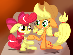 Size: 1600x1200 | Tagged: safe, artist:lovehtf421, derpibooru import, apple bloom, applejack, earth pony, pony, apple sisters, bed, female, filly, foal, mare, siblings, sisters