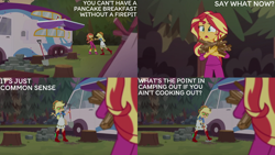 Size: 2000x1125 | Tagged: safe, derpibooru import, edit, edited screencap, editor:quoterific, screencap, applejack, sunset shimmer, better together, equestria girls, wake up!, female, forest, shovel, tree stump