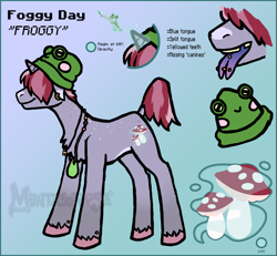 Size: 2000x1848 | Tagged: safe, artist:manticorpse, derpibooru import, oc, oc only, oc:foggy day, frog, pony, unicorn, beanie, character design, chest fluff, ear piercing, forked tongue, glowing, glowing horn, gradient background, gray coat, hair over eyes, hair over one eye, hat, horn, mushroom, piercing, reference sheet, solo, tongue piercing