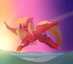 Size: 2893x2523 | Tagged: safe, artist:kaenn, derpibooru import, oc, oc only, oc:lucasreigns, pegasus, pony, female, flying, long hair, peaceful, red body, solo, sunset