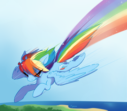 Size: 3200x2800 | Tagged: safe, artist:kaenn, derpibooru import, rainbow dash, pegasus, pony, eye clipping through hair, fanart, female, flying, high res, mare, rainbow, rainbow trail, solo