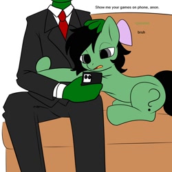 Size: 2000x2000 | Tagged: safe, artist:rusfag, derpibooru import, oc, oc:anon, oc:anon filly, oc:anonymous, earth pony, human, bow, bowtie, clothes, female, filly, foal, head pat, lying down, pat, petting, phone, sitting, sofa, suit