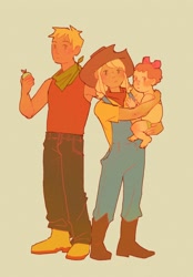 Size: 1640x2360 | Tagged: safe, artist:lipstickboyss, derpibooru import, apple bloom, applejack, big macintosh, human, apple, apple siblings, apple sisters, baby, baby apple bloom, bandana, boots, brother and sister, clothes, cowboy hat, denim, female, food, green background, hat, humanized, jeans, male, neckerchief, pants, shirt, shoes, siblings, simple background, sisters, younger