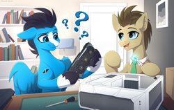 Size: 3401x2160 | Tagged: safe, artist:strafe blitz, derpibooru import, doctor whooves, oc, earth pony, pegasus, pony, book, computer, door, duo, graphics card, male, open mouth, question mark, screwdriver, stallion, table