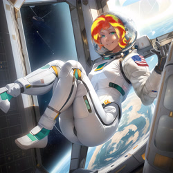 Size: 5120x5120 | Tagged: safe, ai content, derpibooru import, editor:sammykun, generator:novelai, generator:stable diffusion, machine learning generated, sunset shimmer, human, astronaut, breasts, humanized, prompter:sammykun, reasonably sized breasts, smiling, solo, space, spaceship, spacesuit, summer sunset, zero gravity