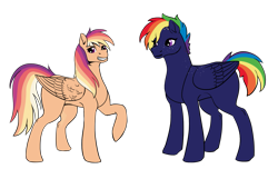 Size: 1403x852 | Tagged: safe, artist:moonlight-doodles, derpibooru import, oc, oc:comet blaze, oc:nightsky, pegasus, pony, duo, female, magical lesbian spawn, offspring, parent:rainbow dash, parent:scootaloo, parents:scootadash, siblings, simple background, smiling, transparent background