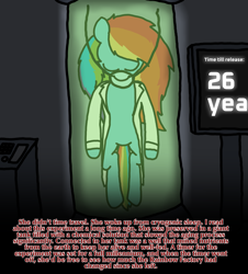 Size: 3023x3351 | Tagged: safe, artist:professorventurer, derpibooru import, rainbow dash, oc, oc:enrique, pony, fanfic:rainbow factory, series:ask pippamena, 26, backstory, clothes, cryogenic sleep, fanfic art, flashback, lab coat, laboratory, lore, rainbow factory dash, tank (container)