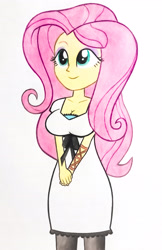 Size: 2608x4025 | Tagged: safe, artist:count oxymagomedov sear, derpibooru import, fluttershy, human, equestria girls, akizuki marina, breasts, clothes, cute, dress, eyebrows, eyeshadow, female, high res, hootershy, makeup, oni chichi, shyabetes, simple background, smiling, solo, traditional art, white background